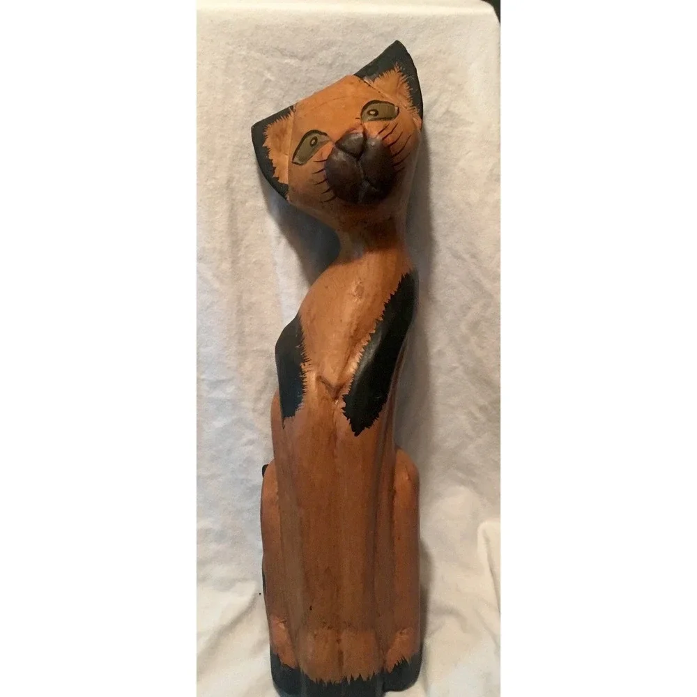 Vintage Hand Carved Wooden Siamese Cat Statue Folk Art 17 Inches